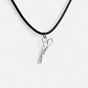 Silver Tone Scissors Pendant on Black Cord Necklace